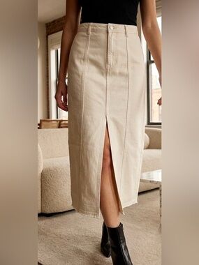 High-Rise Cream Midi Skirt with Center Front Slit